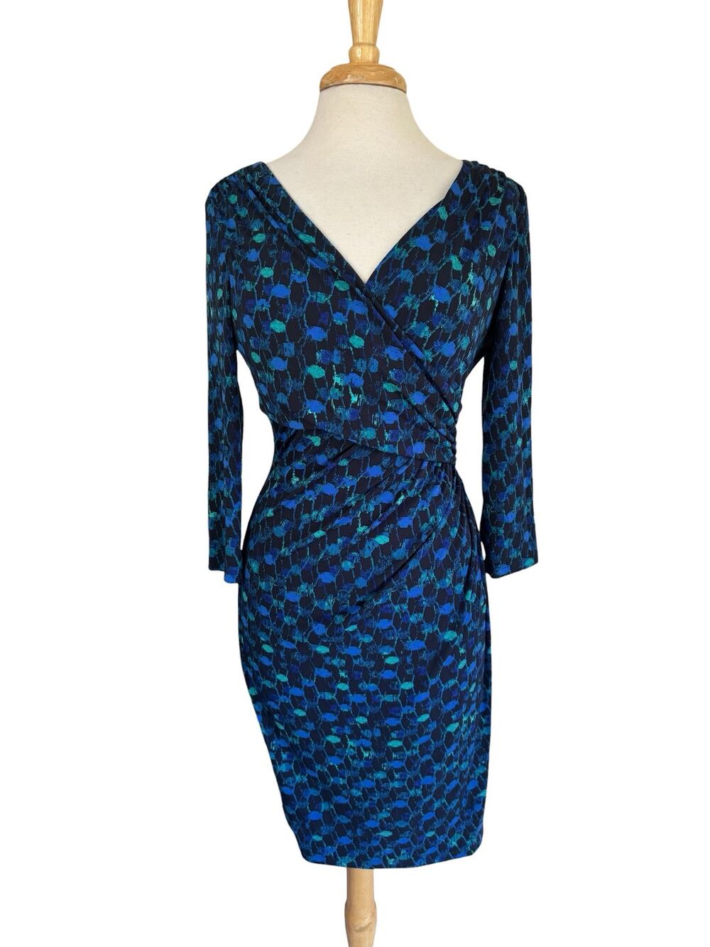 RALPH LAUREN LRL Faux Wrap 3/4 Sleeve Dress Watercolor Blue Green Size 8 Stretch